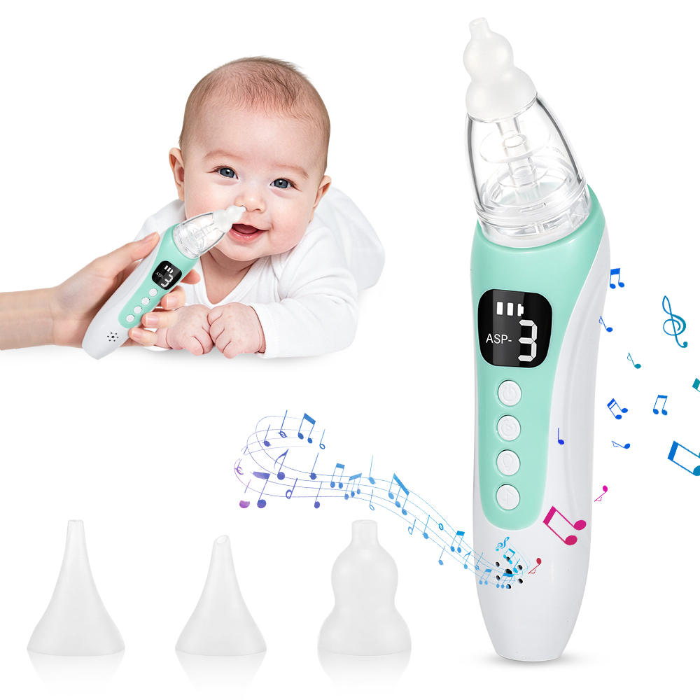 Nasal Aspirator - 電動式ベビー鼻吸い器。吸引レベルを3段階で調整可能。心地よい音楽が流れる。シリコン製ノズル3個付き。Type-C充電式。