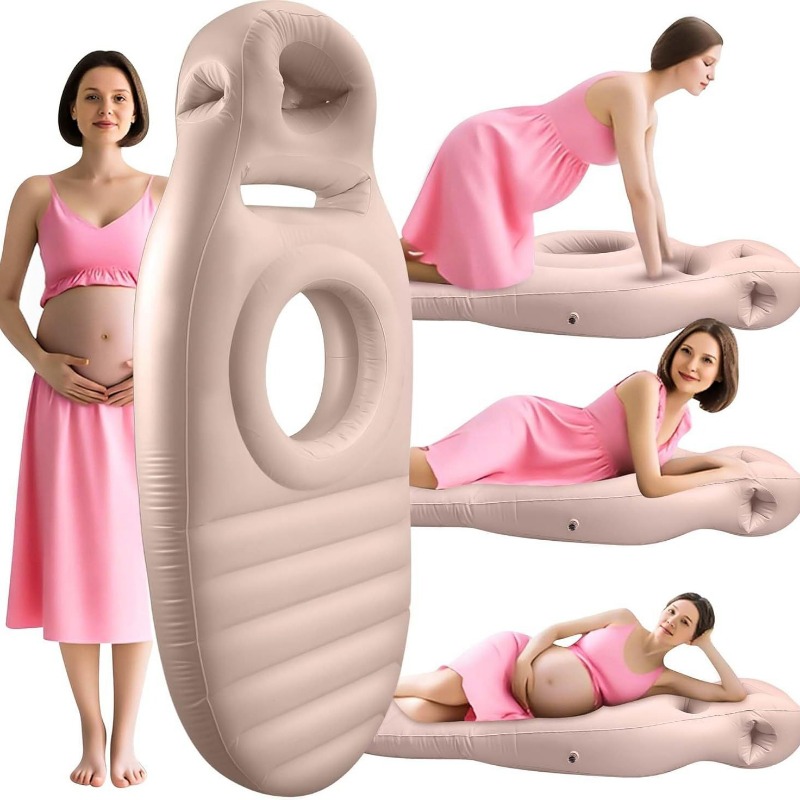 Nursing Pillow Breastfeeding - 妊娠期用、空気注入式ヨガマット。お腹の部分がくり抜かれた構造で、妊娠中のうつ伏せ姿勢での使用や、体圧の緩和に適しており、屋内で使用できます。